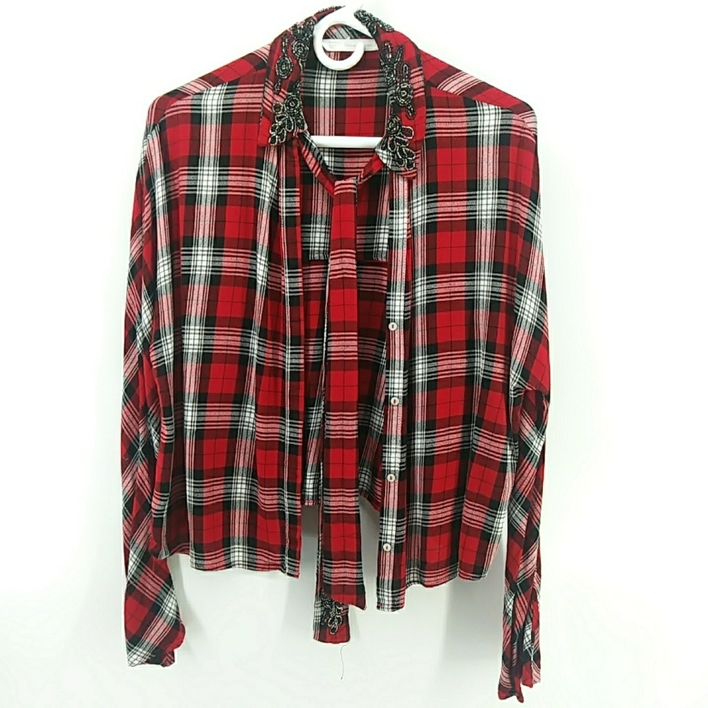 Zara Trafaluc Collection Beaded Collar Red Plaid Top with Tie Medium